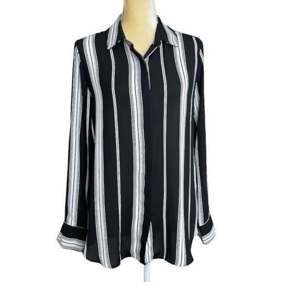 Mossimo Supply Co Womens Black Striped Button Up Shirt Medium Polyester - Picture 10 of 12